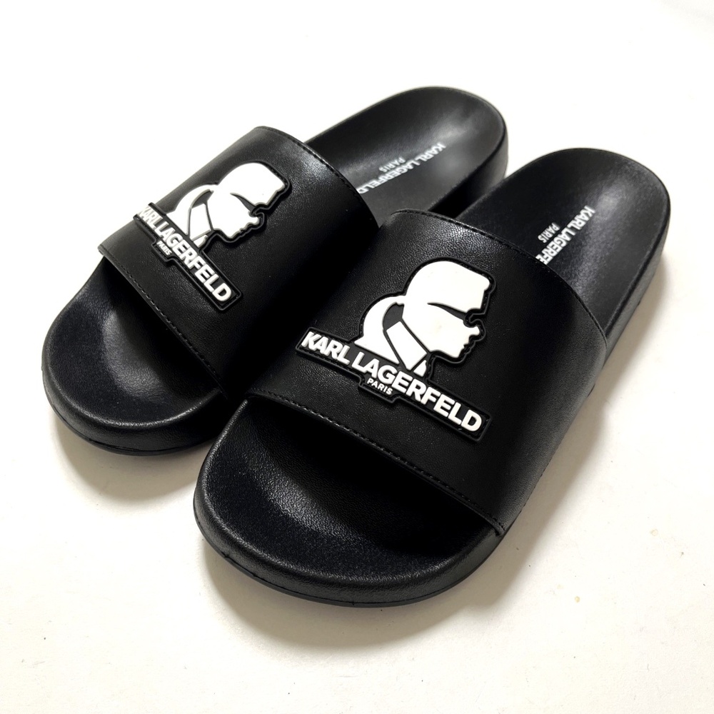 NWOB KARL LAGERFELD Zelah Slide Slip-On Sandal Logo Black Beach Pool Summer